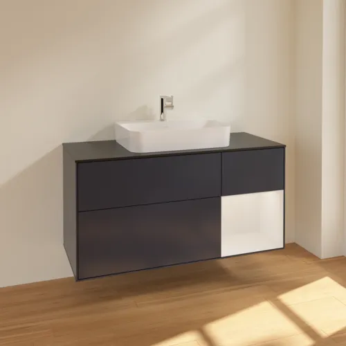 VILLEROY BOCH Toaletní skříňka Finion, s osvětlením, 3 výsuvy, 1200 x 603 x 501 mm, Midnight Blue Matt Lacquer / Glossy White Lacquer / Glass Black Matt #F422GFHG, obrázek 2