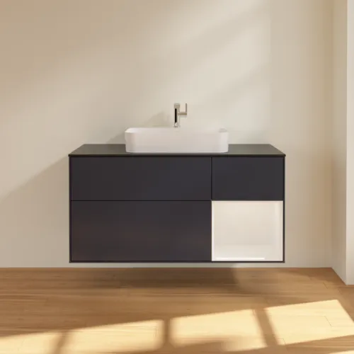 VILLEROY BOCH Toaletní skříňka Finion, s osvětlením, 3 výsuvy, 1200 x 603 x 501 mm, Midnight Blue Matt Lacquer / Glossy White Lacquer / Glass Black Matt #F422GFHG, obrázek 3