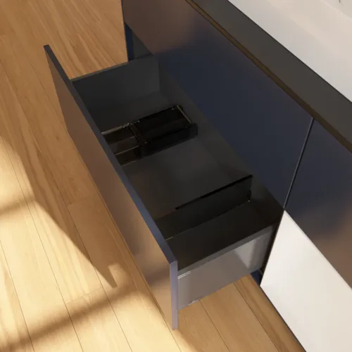 VILLEROY BOCH Toaletní skříňka Finion, s osvětlením, 3 výsuvy, 1200 x 603 x 501 mm, Midnight Blue Matt Lacquer / Glossy White Lacquer / Glass Black Matt #F422GFHG, obrázek 7