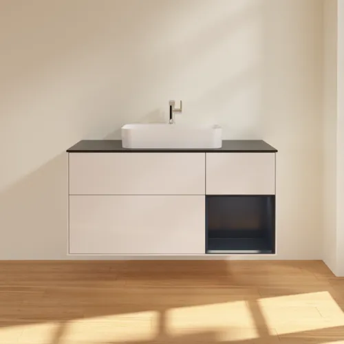 VILLEROY BOCH Toaletní skříňka Finion, s osvětlením, 3 výsuvy, 1200 x 603 x 501 mm, lesklý bílý lak / půlnoční modrý matný lak / černé matné sklo #F422HGGF, obrázek 3