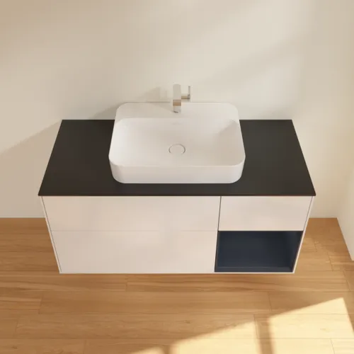 VILLEROY BOCH Toaletní skříňka Finion, s osvětlením, 3 výsuvy, 1200 x 603 x 501 mm, lesklý bílý lak / půlnoční modrý matný lak / černé matné sklo #F422HGGF, obrázek 4