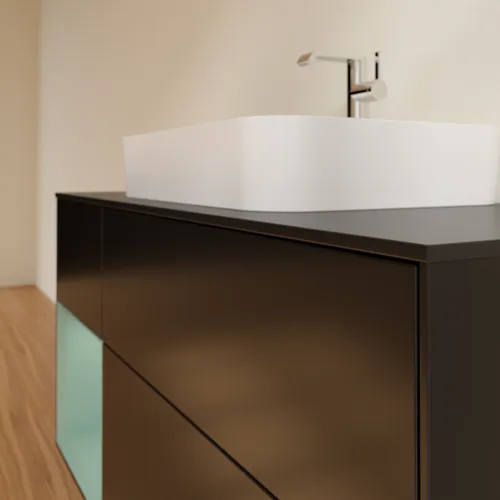 VILLEROY BOCH Toaletní skříňka Finion, s osvětlením, 3 výsuvy, 1200 x 603 x 501 mm, černý matný lak / olivový matný lak / černé matné sklo #F412GMPD, obrázek 6