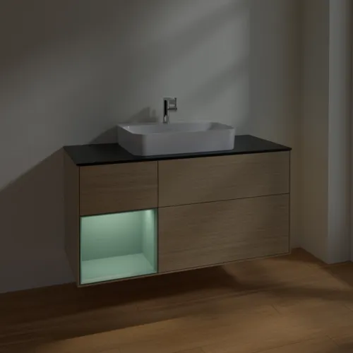VILLEROY BOCH Toaletní skříňka Finion, s osvětlením, 3 výsuvy, 1200 x 603 x 501 mm, dubová dýha / olivově matný lak / sklo černé matné #F412GMPC, obrázek 5