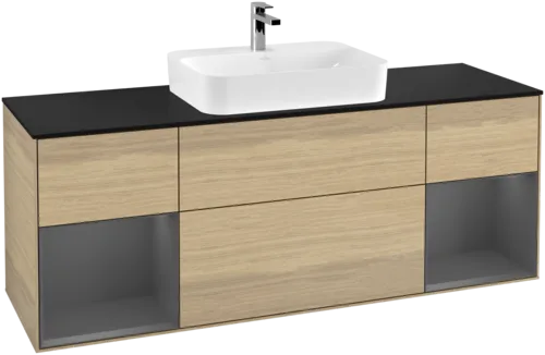 VILLEROY BOCH Toaletní skříňka Finion, s osvětlením, 4 výsuvy, 1600 x 603 x 501 mm, dubová dýha / antracitový matný lak / černé matné sklo #F452GKPC