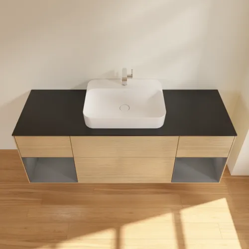 VILLEROY BOCH Toaletní skříňka Finion, s osvětlením, 4 výsuvy, 1600 x 603 x 501 mm, dubová dýha / antracitový matný lak / černé matné sklo #F452GKPC, obrázek 3