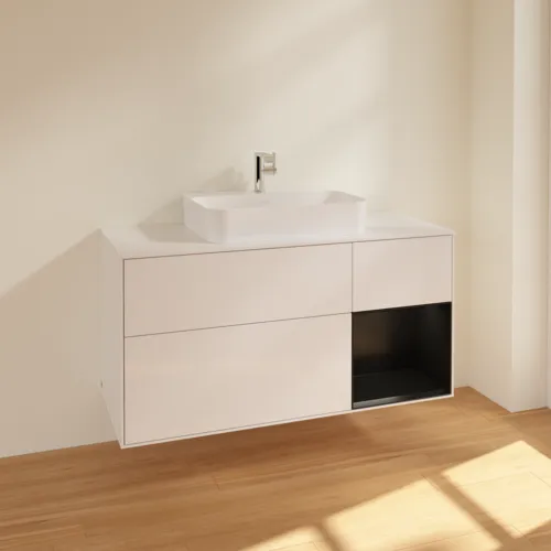 VILLEROY BOCH Toaletní skříňka Finion, s osvětlením, 3 výsuvy, 1200 x 603 x 501 mm, lesklý bílý lak / černý matný lak / sklo bílé matné #F421PDGF, obrázek 2