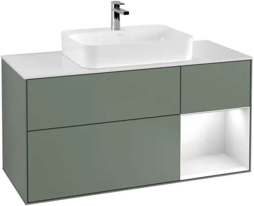 VILLEROY BOCH Toaletní skříňka Finion, s osvětlením, 3 výsuvy, 1200 x 603 x 501 mm, olivově matný lak / lesklý bílý lak / sklo bílé matné #F421GFGM, obrázek 1