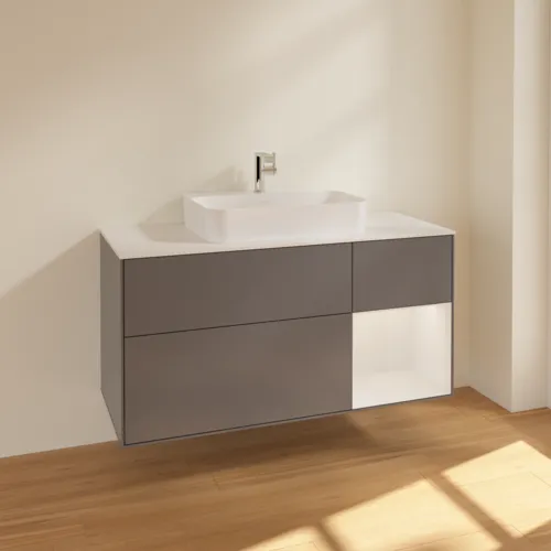 VILLEROY BOCH Toaletní skříňka Finion, s osvětlením, 3 výsuvy, 1200 x 603 x 501 mm, antracit matný lak / lesklý bílý lak / sklo bílé matné #F421GFGK, obrázek 2