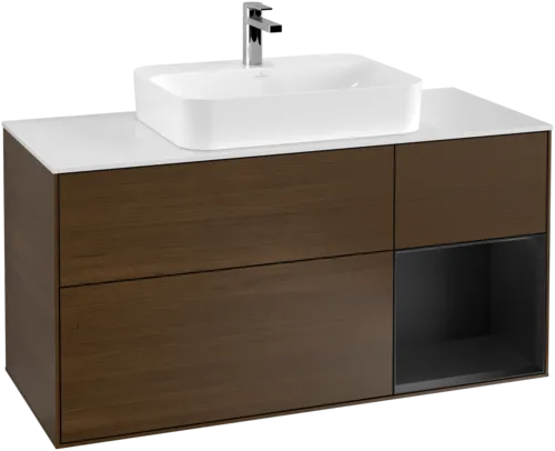 VILLEROY BOCH Toaletní skříňka Finion, s osvětlením, 3 výsuvy, 1200 x 603 x 501 mm, ořechová dýha / černý matný lak / sklo bílé matné #F421PDGN