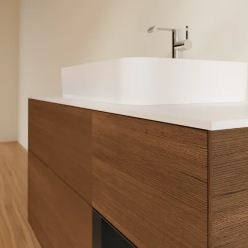 VILLEROY BOCH Toaletní skříňka Finion, s osvětlením, 3 výsuvy, 1200 x 603 x 501 mm, ořechová dýha / černý matný lak / sklo bílé matné #F421PDGN, obrázek 6