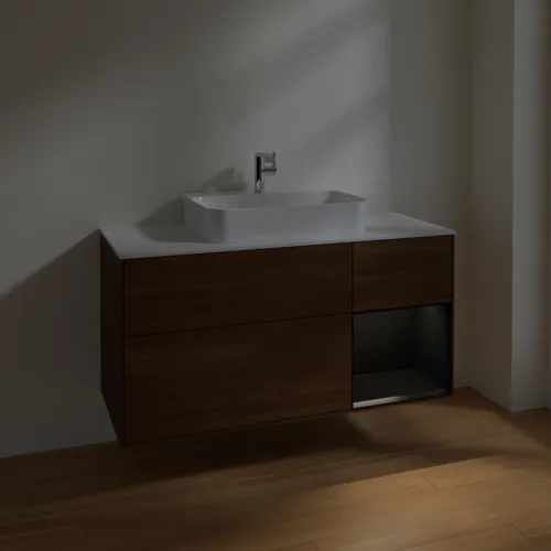 VILLEROY BOCH Toaletní skříňka Finion, s osvětlením, 3 výsuvy, 1200 x 603 x 501 mm, ořechová dýha / černý matný lak / sklo bílé matné #F421PDGN, obrázek 5