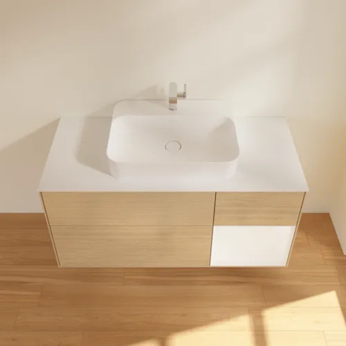 VILLEROY BOCH Toaletní skříňka Finion, s osvětlením, 3 výsuvy, 1200 x 603 x 501 mm, dubová dýha / bílý matný lak / bílé matné sklo #F421MTPC, obrázek 4