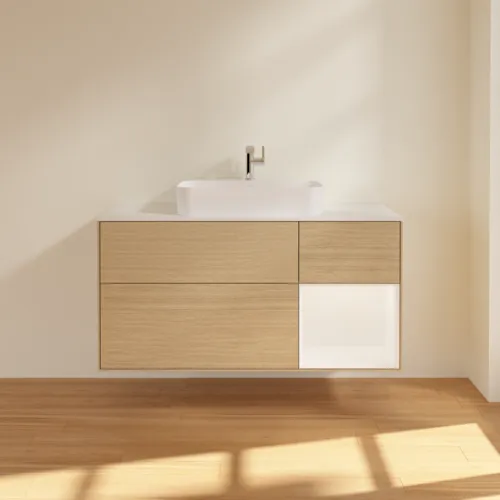 VILLEROY BOCH Toaletní skříňka Finion, s osvětlením, 3 výsuvy, 1200 x 603 x 501 mm, dubová dýha / bílý matný lak / bílé matné sklo #F421MTPC, obrázek 3