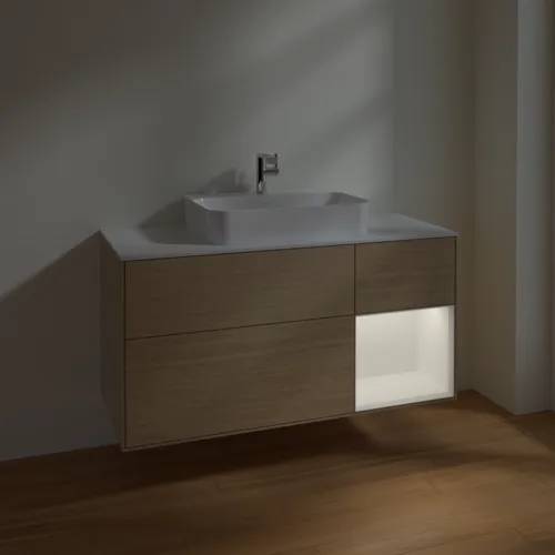 VILLEROY BOCH Toaletní skříňka Finion, s osvětlením, 3 výsuvy, 1200 x 603 x 501 mm, dubová dýha / bílý matný lak / bílé matné sklo #F421MTPC, obrázek 5