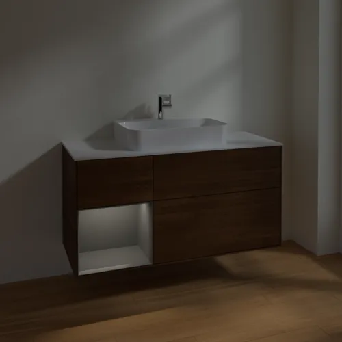 VILLEROY BOCH Toaletní skříňka Finion, s osvětlením, 3 výsuvy, 1200 x 603 x 501 mm, ořechová dýha / antracitový matný lak / bílé matné sklo #F411GKGN, obrázek 5