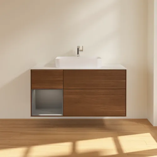 VILLEROY BOCH Toaletní skříňka Finion, s osvětlením, 3 výsuvy, 1200 x 603 x 501 mm, ořechová dýha / antracitový matný lak / bílé matné sklo #F411GKGN, obrázek 3