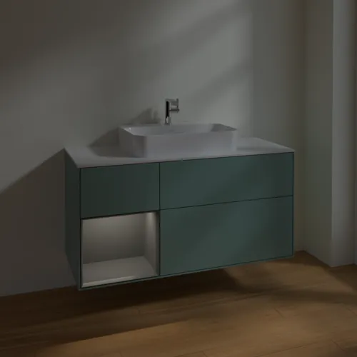 VILLEROY BOCH Toaletní skříňka Finion, s osvětlením, 3 výsuvy, 1200 x 603 x 501 mm, olivový matný lak / antracitový matný lak / bílé matné sklo #F411GKGM, obrázek 5