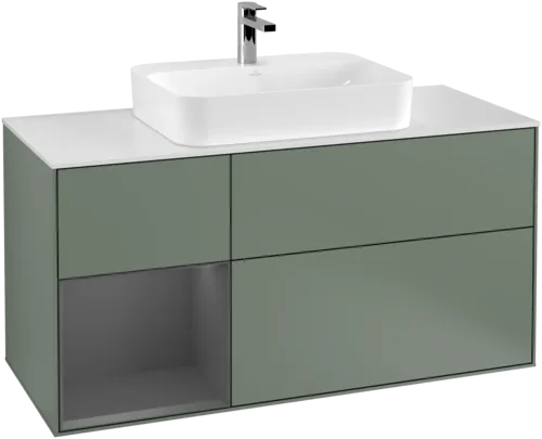 VILLEROY BOCH Toaletní skříňka Finion, s osvětlením, 3 výsuvy, 1200 x 603 x 501 mm, olivový matný lak / antracitový matný lak / bílé matné sklo #F411GKGM, obrázek 1