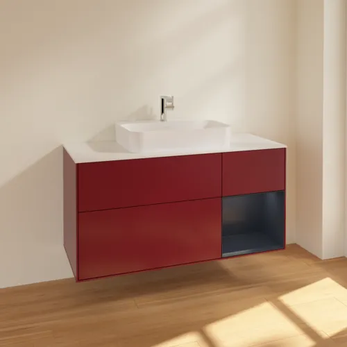 VILLEROY BOCH Toaletní skříňka Finion, s osvětlením, 3 výsuvy, 1200 x 603 x 501 mm, Pivoňka matný lak / Půlnoční modrá matný lak / Sklo bílé matné #F421HGHB, obrázek 2