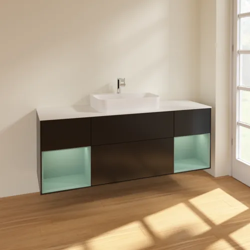 VILLEROY BOCH Toaletní skříňka Finion, s osvětlením, 4 výsuvy, 1600 x 603 x 501 mm, černý matný lak / olivový matný lak / bílé matné sklo #F451GMPD, obrázek 2