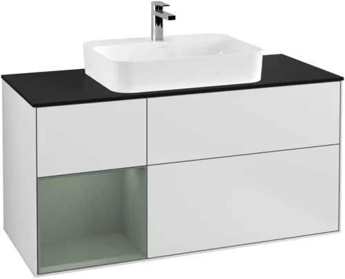 VILLEROY BOCH Toaletní skříňka Finion, s osvětlením, 3 výsuvy, 1200 x 603 x 501 mm, bílý matný lak / olivový matný lak / černé matné sklo #F412GMMT, obrázek 1