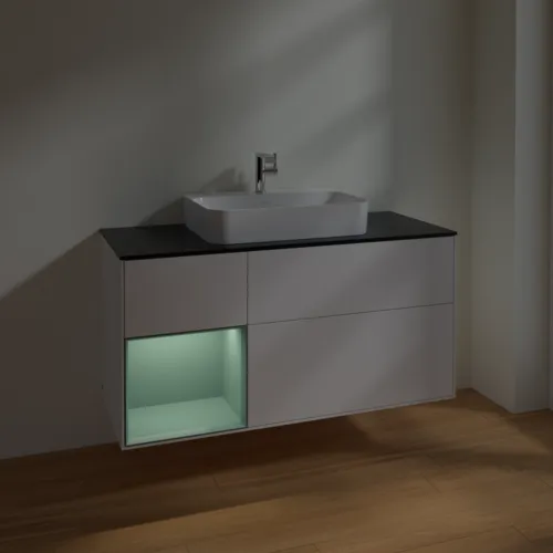 VILLEROY BOCH Toaletní skříňka Finion, s osvětlením, 3 výsuvy, 1200 x 603 x 501 mm, bílý matný lak / olivový matný lak / černé matné sklo #F412GMMT, obrázek 5
