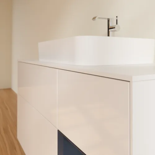 VILLEROY BOCH Toaletní skříňka Finion, s osvětlením, 3 výsuvy, 1200 x 603 x 501 mm, lesklý bílý lak / půlnoční modrý matný lak / bílé matné sklo #F421HGGF, obrázek 6