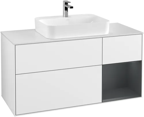 VILLEROY BOCH Toaletní skříňka Finion, s osvětlením, 3 výsuvy, 1200 x 603 x 501 mm, lesklý bílý lak / půlnoční modrý matný lak / bílé matné sklo #F421HGGF