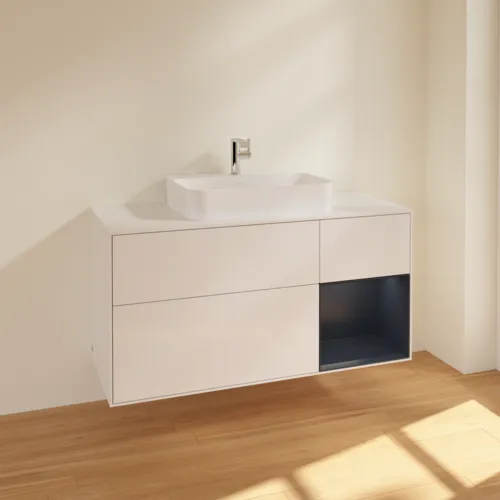VILLEROY BOCH Toaletní skříňka Finion, s osvětlením, 3 výsuvy, 1200 x 603 x 501 mm, lesklý bílý lak / půlnoční modrý matný lak / bílé matné sklo #F421HGGF, obrázek 2