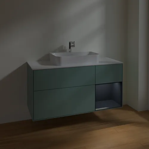 VILLEROY BOCH Toaletní skříňka Finion, s osvětlením, 3 výsuvy, 1200 x 603 x 501 mm, olivový matný lak / půlnoční modrý matný lak / bílé matné sklo #F421HGGM, obrázek 5