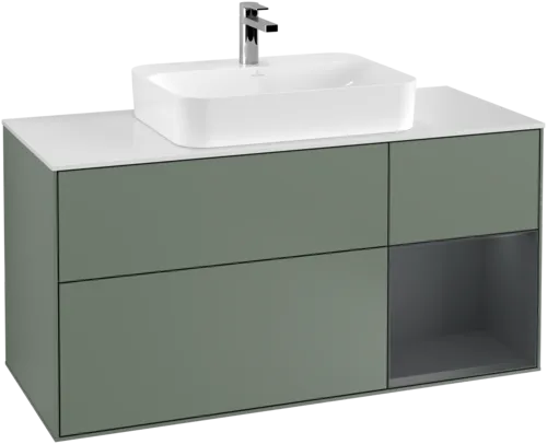 VILLEROY BOCH Toaletní skříňka Finion, s osvětlením, 3 výsuvy, 1200 x 603 x 501 mm, olivový matný lak / půlnoční modrý matný lak / bílé matné sklo #F421HGGM