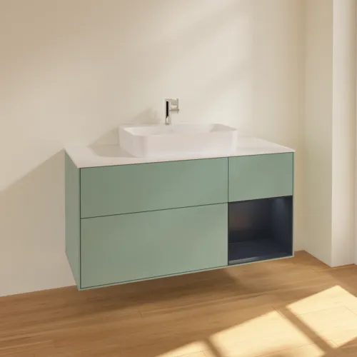 VILLEROY BOCH Toaletní skříňka Finion, s osvětlením, 3 výsuvy, 1200 x 603 x 501 mm, olivový matný lak / půlnoční modrý matný lak / bílé matné sklo #F421HGGM, obrázek 2