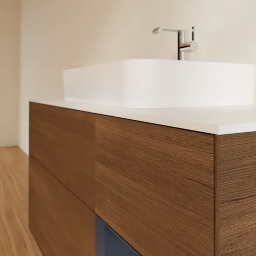 VILLEROY BOCH Toaletní skříňka Finion, s osvětlením, 3 výsuvy, 1200 x 603 x 501 mm, ořechová dýha / půlnočně modrý matný lak / sklo bílé matné #F421HGGN, obrázek 6
