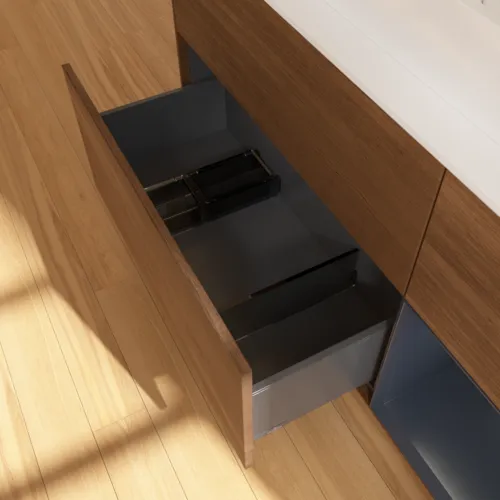 VILLEROY BOCH Toaletní skříňka Finion, s osvětlením, 3 výsuvy, 1200 x 603 x 501 mm, ořechová dýha / půlnočně modrý matný lak / sklo bílé matné #F421HGGN, obrázek 7