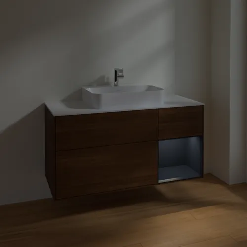 VILLEROY BOCH Toaletní skříňka Finion, s osvětlením, 3 výsuvy, 1200 x 603 x 501 mm, ořechová dýha / půlnočně modrý matný lak / sklo bílé matné #F421HGGN, obrázek 5