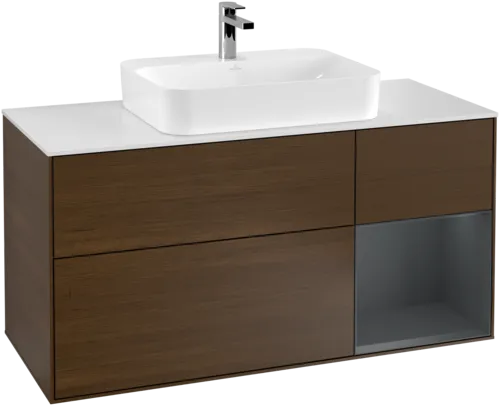 VILLEROY BOCH Toaletní skříňka Finion, s osvětlením, 3 výsuvy, 1200 x 603 x 501 mm, ořechová dýha / půlnočně modrý matný lak / sklo bílé matné #F421HGGN