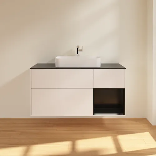 VILLEROY BOCH Toaletní skříňka Finion, s osvětlením, 3 výsuvy, 1200 x 603 x 501 mm, bílý matný lak / černý matný lak / černé matné sklo #F422PDMT, obrázek 3