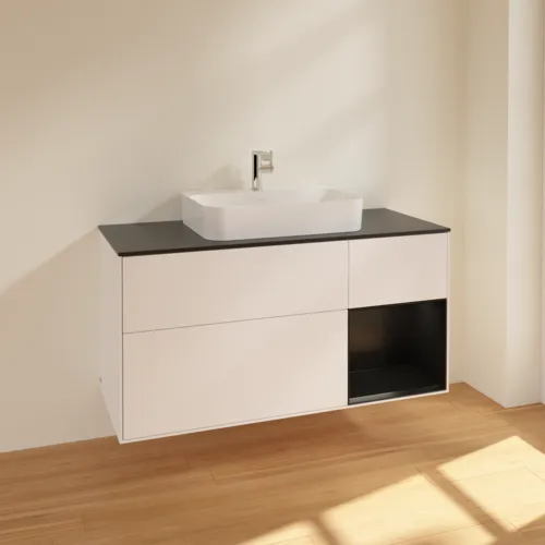 VILLEROY BOCH Toaletní skříňka Finion, s osvětlením, 3 výsuvy, 1200 x 603 x 501 mm, bílý matný lak / černý matný lak / černé matné sklo #F422PDMT, obrázek 2