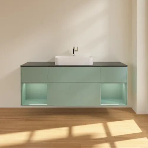 VILLEROY BOCH Toaletní skříňka Finion, s osvětlením, 4 výsuvy, 1600 x 603 x 501 mm, olivově matný lak / olivově matný lak / sklo černé matné #F452GMGM, obrázek 3
