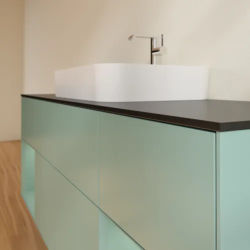 VILLEROY BOCH Toaletní skříňka Finion, s osvětlením, 4 výsuvy, 1600 x 603 x 501 mm, olivově matný lak / olivově matný lak / sklo černé matné #F452GMGM, obrázek 6