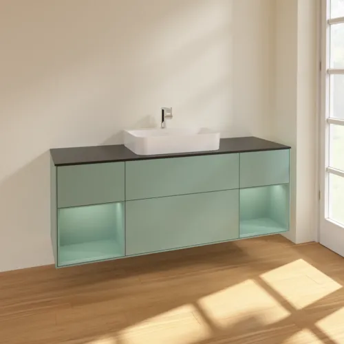 VILLEROY BOCH Toaletní skříňka Finion, s osvětlením, 4 výsuvy, 1600 x 603 x 501 mm, olivově matný lak / olivově matný lak / sklo černé matné #F452GMGM, obrázek 2