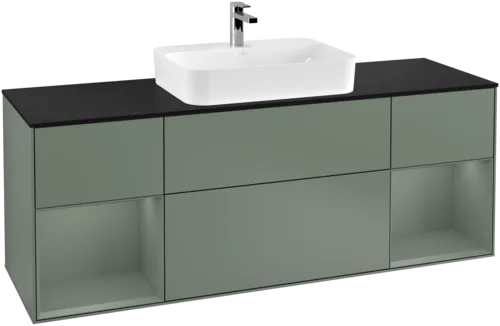 VILLEROY BOCH Toaletní skříňka Finion, s osvětlením, 4 výsuvy, 1600 x 603 x 501 mm, olivově matný lak / olivově matný lak / sklo černé matné #F452GMGM