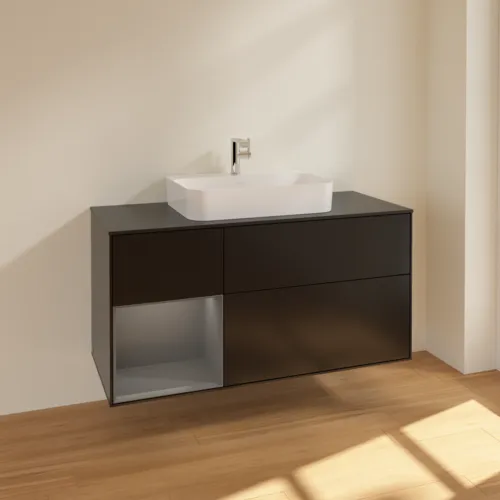 VILLEROY BOCH Toaletní skříňka Finion, s osvětlením, 3 výsuvy, 1200 x 603 x 501 mm, černý matný lak / antracitový matný lak / černé matné sklo #F412GKPD, obrázek 2
