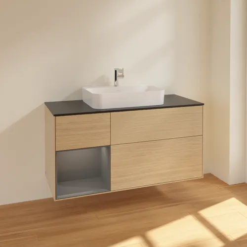 VILLEROY BOCH Toaletní skříňka Finion, s osvětlením, 3 výsuvy, 1200 x 603 x 501 mm, dubová dýha / antracitový matný lak / černé matné sklo #F412GKPC, obrázek 2