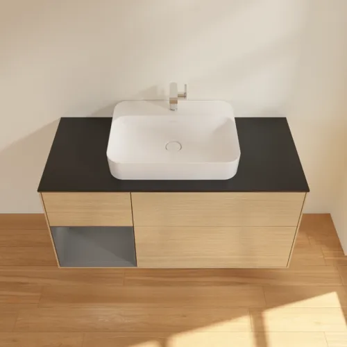 VILLEROY BOCH Toaletní skříňka Finion, s osvětlením, 3 výsuvy, 1200 x 603 x 501 mm, dubová dýha / antracitový matný lak / černé matné sklo #F412GKPC, obrázek 4