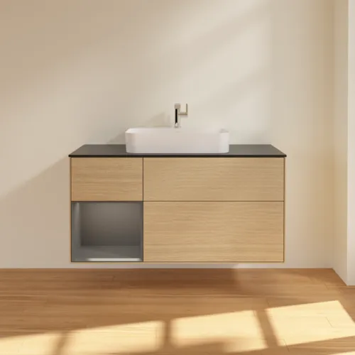 VILLEROY BOCH Toaletní skříňka Finion, s osvětlením, 3 výsuvy, 1200 x 603 x 501 mm, dubová dýha / antracitový matný lak / černé matné sklo #F412GKPC, obrázek 3