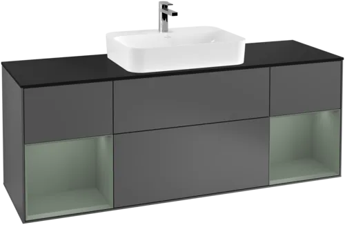 VILLEROY BOCH Toaletní skříňka Finion, s osvětlením, 4 výsuvy, 1600 x 603 x 501 mm, antracitový matný lak / olivový matný lak / černé matné sklo #F452GMGK