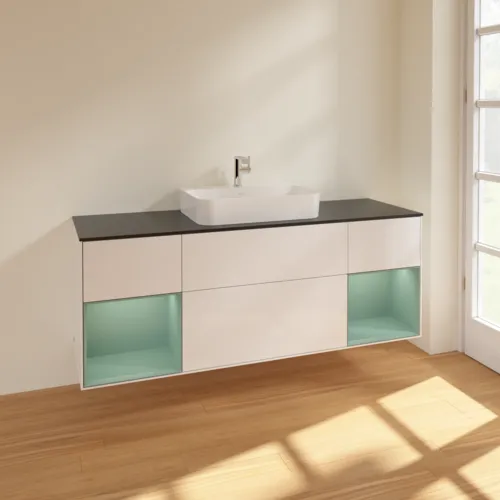 VILLEROY BOCH Toaletní skříňka Finion, s osvětlením, 4 výsuvy, 1600 x 603 x 501 mm, lesklý bílý lak / olivově matný lak / černé matné sklo #F452GMGF, obrázek 2