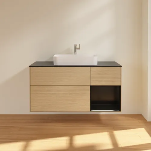 VILLEROY BOCH Toaletní skříňka Finion, s osvětlením, 3 výsuvy, 1200 x 603 x 501 mm, dubová dýha / černý matný lak / černé matné sklo #F422PDPC, obrázek 3