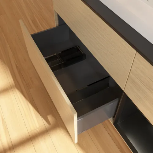 VILLEROY BOCH Toaletní skříňka Finion, s osvětlením, 3 výsuvy, 1200 x 603 x 501 mm, dubová dýha / černý matný lak / černé matné sklo #F422PDPC, obrázek 7